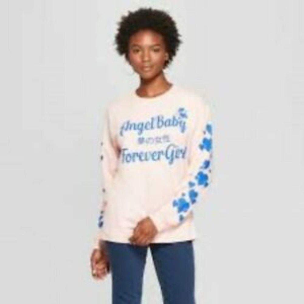 Junior’s Angel Baby Forever Girl with Blue Hearts T-Shirt
